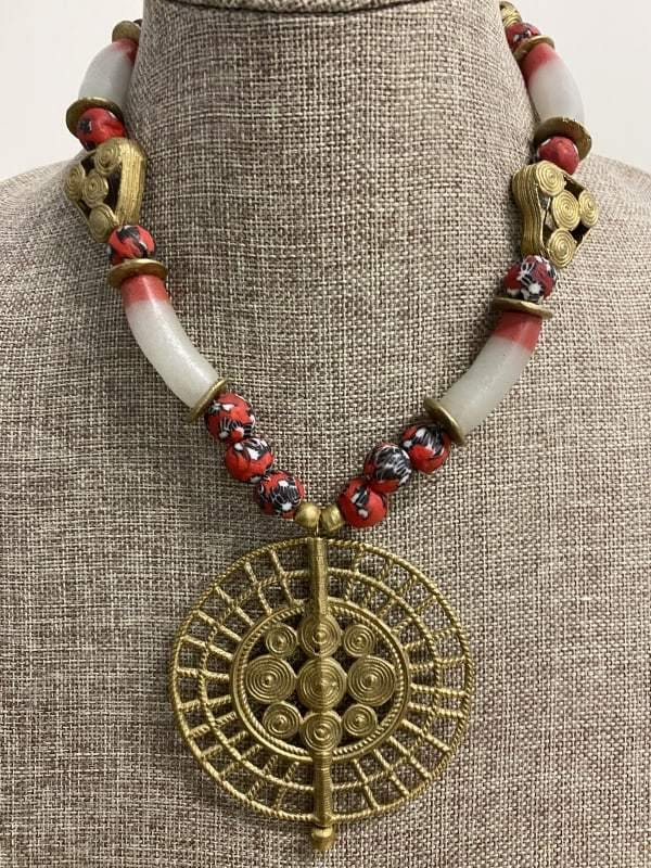 Large African Brass Circle and Mixed Bead Necklace - Audaciously African