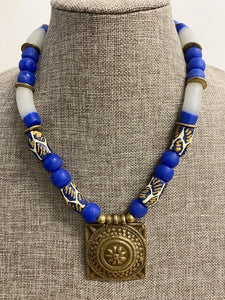 African Brass Square and Mixed Bead Necklace - Audaciously African