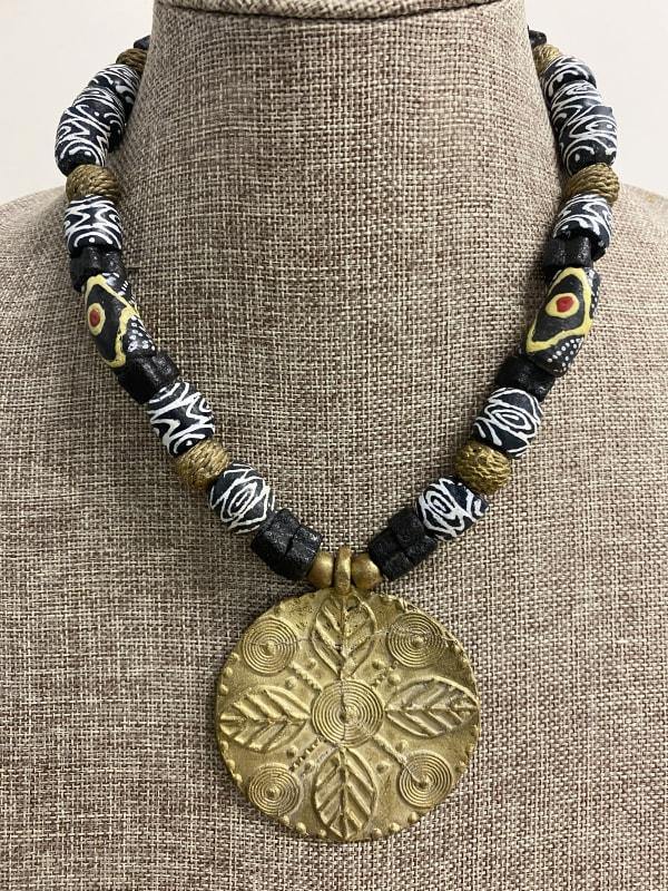 African Brass Circle and Mixed Bead Necklace - Audaciously African
