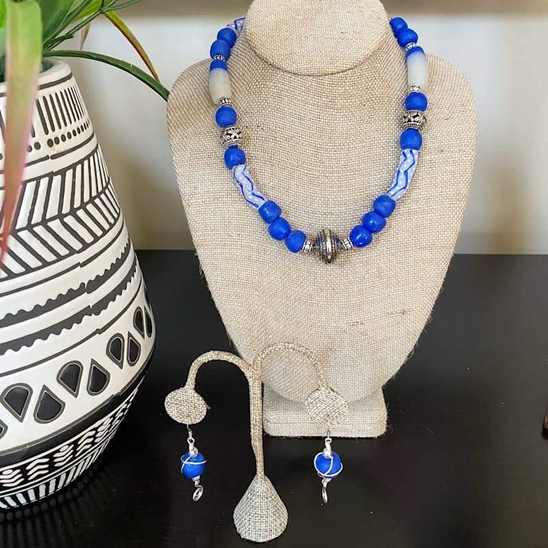 African Mixed Bead with Silver Accents Necklace and Earrings Set - Audaciously African