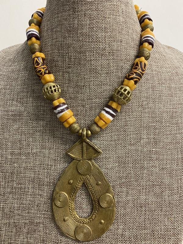 Large African Brass Pendant and Mixed Bead Necklace - Audaciously African